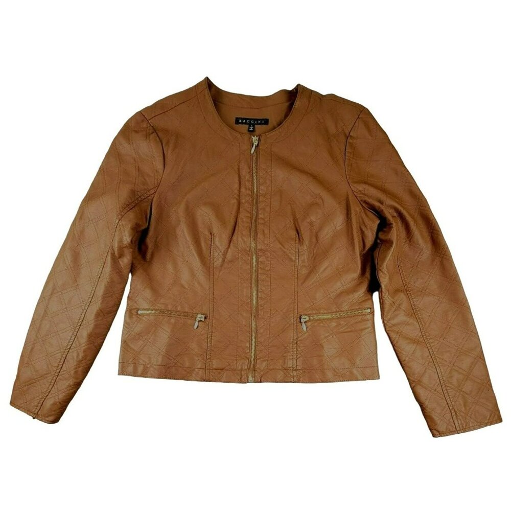 Women's Brown Vegan Leather Jacket Baccini Fitted and Lined Size Large JH1311